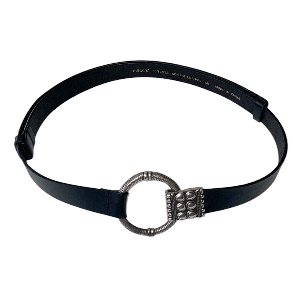 Chico’s black leather adjustable‎ belt. Silver hook buckle. Size Medium - Large